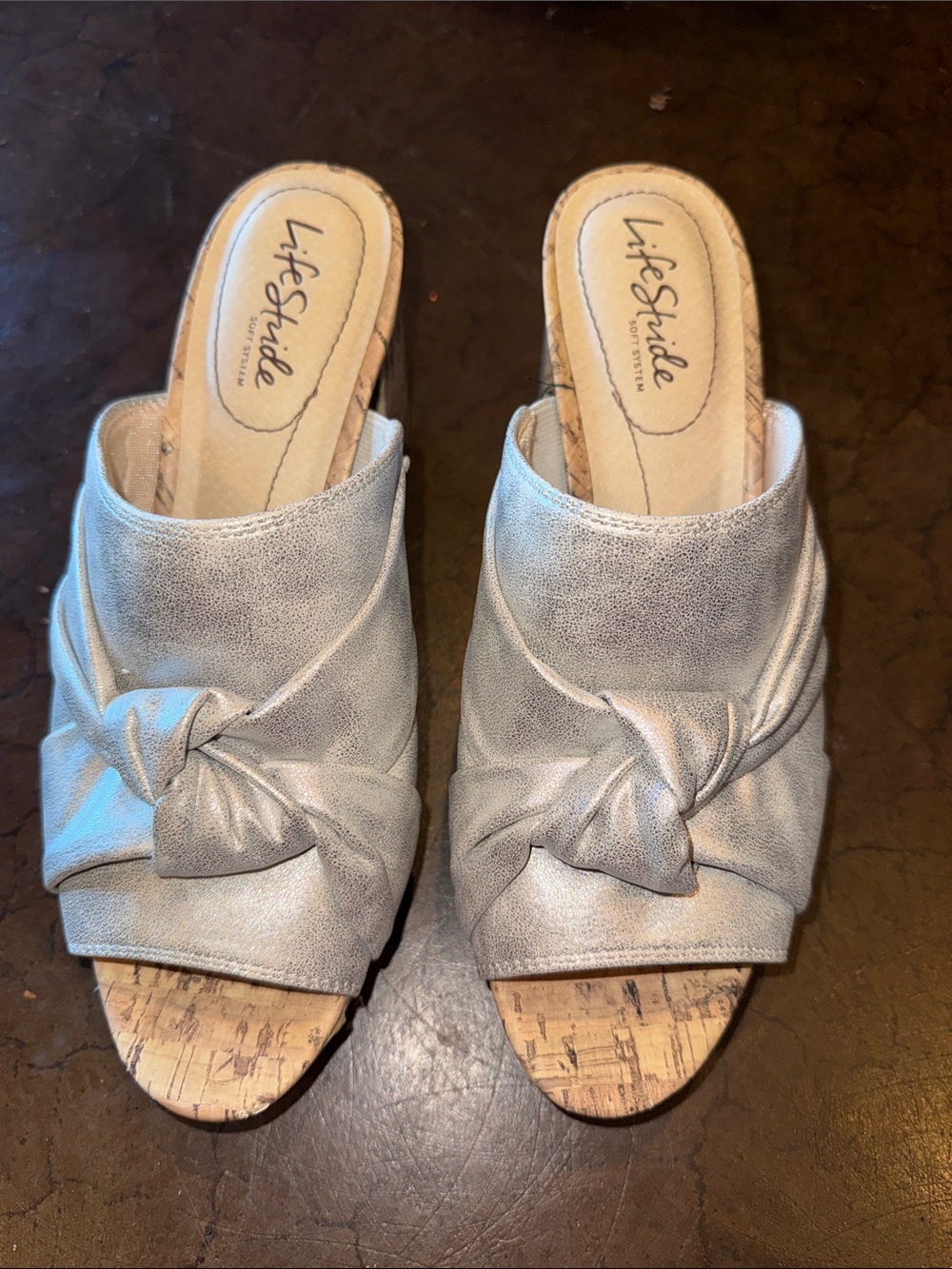 Life Stride Silver Knot-Front Cork Slide Mules